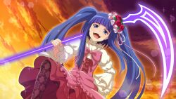 Rule 34 | 1girl, blue eyes, blue hair, blunt bangs, bow, choker, flat chest, flower, frilled sleeves, frills, from below, furudo erika, hair flower, hair ornament, hand on own hip, high-waist skirt, highres, higurashi no naku koro ni mei, holding, holding scythe, lolita fashion, long hair, looking at viewer, official art, open mouth, pantyhose, pink bow, red flower, red rose, ribbon, rose, scythe, skirt, smile, solo, sunset, teeth, too many, too many frills, twintails, umineko no naku koro ni, very long hair
