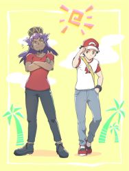 Rule 34 | 2boys, alternate costume, baseball cap, closed mouth, collarbone, commentary request, creatures (company), crossed arms, framed, game freak, grey pants, hand in pocket, hat, leon (pokemon), long hair, male focus, multiple boys, nagi (exsit00), nintendo, notice lines, pants, pokemon, pokemon sm, pokemon swsh, purple hair, red (pokemon), red footwear, red shirt, shirt, shoes, short hair, short sleeves, smile, spiked hair, t-shirt