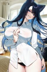 Rule 34 | 1girl, absurdres, animal ears, black nails, black panties, blue eyes, blue hair, blush, breasts, cleavage, collared shirt, commentary, english commentary, highres, indoors, large breasts, long hair, long sleeves, looking at viewer, nail polish, original, panties, parted lips, patreon username, reiko (tofuubear), shirt, smile, solo, teeth, thighs, tofuubear, underwear, white shirt