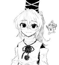 Rule 34 | 1girl, casimia, chibi, chibi inset, closed mouth, commentary request, greyscale, hair between eyes, hat, highres, holding, holding torch, japanese clothes, kariginu, korean commentary, looking at viewer, medium hair, monochrome, mononobe no futo, multiple views, ponytail, simple background, smile, tate eboshi, torch, touhou, upper body, white background