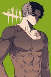 Rule 34 | 1boy, abs, black eyes, black hair, collarbone, commentary request, dead by daylight, frown, green background, highres, jake park, korean commentary, male focus, muscular, muscular male, navel, nude, pectorals, serious, shade, solo, tongchock, twitter username, upper body