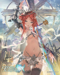 Rule 34 | 1girl, arm up, armor, bikini armor, black thighhighs, blue eyes, breasts, copyright name, crown, crystal, detached sleeves, halterneck, hjl, navel, official art, red eyes, red hair, short hair with long locks, skirt, small breasts, solo, sword, tenkuu no crystalia, thighhighs, underboob, weapon