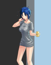 Rule 34 | 1girl, alternate costume, axia-chan, blue background, blue eyes, blue hair, breasts, ciel (tsukihime), collarbone, covered erect nipples, cup, english text, french text, grey background, grey shirt, hair intakes, highres, holding, holding cup, medium breasts, naked shirt, print shirt, profanity, shiny skin, shirt, short hair, short sleeves, solo, standing, toothbrush in mouth, tsukihime