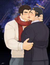 Rule 34 | 2boys, alternate costume, ass, bara, beard stubble, black hair, black suit, blush, breath, brown sweater, closed eyes, commentary request, commission, contemporary, couple, facial hair, formal, french kiss, from side, grabbing another&#039;s arm, halo, hand on another&#039;s neck, harada (basashi), highres, kiss, large pectorals, long sideburns, male focus, mature male, multiple boys, muscular, muscular male, mustache stubble, official alternate costume, pants, pectorals, protagonist 3 (housamo), red scarf, saliva, scarf, second-party source, short hair, sideburns, skeb commission, striped clothes, striped pants, striped suit, stubble, suit, sweater, thick eyebrows, tokyo houkago summoners, tongue, tongue out, v-shaped eyebrows, watermark, winter clothes, yaoi, zabaniyya (fashionista suit) (housamo), zabaniyya (housamo)