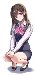 Rule 34 | 1girl, amagi shino, black footwear, black skirt, black vest, blush, brown hair, closed mouth, collared shirt, commentary request, diagonal-striped clothes, diagonal-striped neckerchief, full body, head tilt, high heels, highres, id card, long hair, long sleeves, neckerchief, office lady, original, parted bangs, pencil skirt, pink neckerchief, purple eyes, receptionist girl (amagi shino), shirt, signature, simple background, skirt, smile, solo, squatting, striped clothes, vest, white background, white shirt