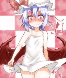 Rule 34 | !, 1girl, bare shoulders, bat wings, blue hair, blush, checkered background, dress, hat, heart, looking at viewer, red eyes, remilia scarlet, short hair, smile, solo, takorice, touhou, wavy mouth, white dress, wings