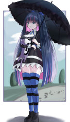 1girl absurdres black_dress black_shoes black_umbrella blue_bow blue_eyes blue_hair blue_sky blue_thighhighs blunt_bangs bow breasts colored_inner_hair commentary_request dress expressionless full_body highres holding holding_umbrella honekoneko_(psg) long_hair long_sleeves looking_at_viewer multicolored_hair panty_&amp;_stocking_with_garterbelt pink_hair shoes sky solo stocking_(psg) striped_clothes striped_thighhighs stuffed_animal stuffed_cat stuffed_toy thighhighs tree two-tone_hair umbrella wimawi