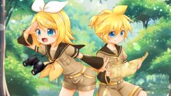 Rule 34 | 1boy, 1girl, belt, binoculars, blonde hair, blue eyes, blue sky, bow, branch, brother and sister, bush, child, cloud, cloudy sky, commentary request, cowboy shot, day, detached sleeves, hair bow, highres, holding, holding map, kagamine len, kagamine rin, looking at map, map, open mouth, outdoors, shorts, siblings, sitting, sky, tree, vocaloid, yakumohikari, yellow belt
