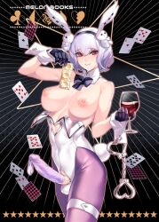 Rule 34 | 1girl, animal ears, ban! (bansankan), bare shoulders, breasts, card, condom, condom on penis, condom wrapper, cuffs, cup, detached collar, drinking glass, futanari, gloves, handcuffs, holding, holding cup, large breasts, leotard, original, penis, playboy bunny, playing card, purple hair, rabbit ears, red eyes, red wine, short hair, solo, testicles, used condom, used condom on penis, wine glass, wrist cuffs