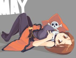 Rule 34 | 1girl, arc system works, black pantyhose, breasts, brown eyes, brown hair, character name, grin, guilty gear, hat, large breasts, lying, may (guilty gear), no shoes, on back, orange hat, orange shirt, pantyhose, pirate, pirate hat, shirt, skull and crossbones, smile, solo, taut clothes, unworn hat, unworn headwear, wokashiya