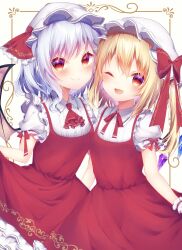 Rule 34 | 2girls, ;d, absurdres, ascot, bat wings, blonde hair, blue hair, blush, bow, collared shirt, cosplay, cowboy shot, crystal, dress, fang, flandre scarlet, flandre scarlet (cosplay), frilled shirt collar, frills, hat, hat bow, hat ribbon, highres, koharu hiyorii, looking at viewer, matching outfits, medium hair, mob cap, multiple girls, neckerchief, one eye closed, open mouth, puffy short sleeves, puffy sleeves, red ascot, red bow, red dress, red eyes, red neckerchief, red ribbon, remilia scarlet, ribbon, shirt, short sleeves, siblings, side ponytail, sisters, smile, tongue, touhou, white headwear, white shirt, wings