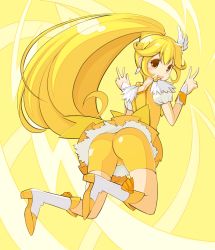 Rule 34 | 10s, 1girl, ass, bike shorts, bike shorts under skirt, blonde hair, blush, cure peace, double v, hair flaps, highres, kise yayoi, long hair, looking at viewer, magical girl, ohta yuichi, ponytail, precure, shorts, shorts under skirt, skirt, smile, smile precure!, solo, v, very long hair, yellow background, yellow eyes, yellow shorts, yellow skirt, yellow theme