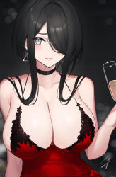 Rule 34 | 1girl, alcohol, bare arms, bare shoulders, black choker, black hair, blush, breasts, champagne, choker, cleavage, collarbone, commentary request, cup, dress, earrings, hayabusa (vert 320), highres, holding, holding cup, jewelry, large breasts, long hair, mole, mole under eye, original, paid reward available, parted lips, red dress, sideboob, sidelocks, sleeveless, solo, triangle earrings, upper body