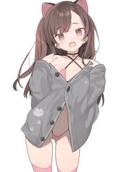 Rule 34 | 1girl, animal ears, armpit crease, bare shoulders, black choker, blade (galaxist), blush, brown eyes, brown hair, buttons, choker, earrings, fang, fingernails, hands on own shoulders, jewelry, long hair, nail polish, navel, open mouth, original, paw print, pink nails, pink thighhighs, polka dot, polka dot swimsuit, simple background, single bare shoulder, skin fang, smile, solo, stud earrings, swimsuit, thighhighs, white background