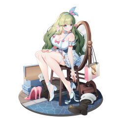 Rule 34 | 1girl, armband, bag, bare arms, bare legs, bare shoulders, black footwear, blue eyes, blunt bangs, blush, boots, bow, breasts, chair, cleavage, daphne (eversoul), dress, elf, eversoul, frilled armband, frilled dress, frills, full body, game cg, green hair, hairband, high heels, highres, hime cut, large breasts, long hair, looking to the side, mirror, neck ribbon, non-web source, official alternate costume, official alternate hairstyle, official art, on chair, pointy ears, red bow, ribbon, satchel, shoe dangle, shopping bag, sidelocks, sitting, sleeveless, sleeveless dress, smile, solo, strappy heels, tachi-e, thigh strap, transparent background, white dress