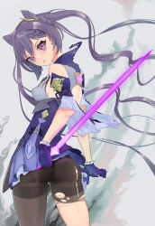 Rule 34 | 1girl, absurdres, artist request, ass, bare shoulders, breasts, detached sleeves, dress, from behind, genshin impact, gloves, hair ornament, hairpin, highres, keqing (genshin impact), long hair, looking at viewer, medium breasts, open mouth, pantyhose, purple dress, purple eyes, purple hair, shiny clothes, shiny skin, short dress, sideboob, skindentation, solo, sword, torn clothes, torn pantyhose, twintails, very long hair, weapon