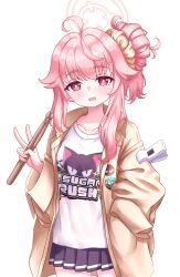 Rule 34 | 1girl, absurdres, ahoge, blue archive, blush, drumsticks, green halo, halo, highres, holding, jacket, kuma piv, long hair, long sleeves, natsu (band) (blue archive), natsu (blue archive), official alternate costume, open clothes, open jacket, open mouth, pink hair, pink halo, pleated skirt, print shirt, red eyes, shirt, simple background, skirt, smile, v, white background, white shirt, yellow jacket
