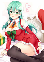 Rule 34 | 10s, 1girl, :d, aqua hair, ascot, bare shoulders, black thighhighs, blush, bow, bowtie, box, breasts, christmas, cleavage, detached collar, detached sleeves, dress, fur trim, gift, gift box, green bow, green bowtie, green eyes, hair between eyes, hair ornament, hat, unworn hat, unworn headwear, heart, kantai collection, large breasts, long hair, long sleeves, looking at viewer, open mouth, over-kneehighs, red dress, revision, rui shi (rayze ray), sack, santa costume, santa hat, short dress, sitting, smile, solo, suzuya (kancolle), thighhighs