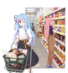 Rule 34 | 2girls, aho whale, black shirt, black skirt, blue hair, bottle, commentary, fang, food, highres, indoors, kotonoha akane, kotonoha aoi, long hair, long skirt, looking to the side, multiple girls, nissin cup noodle, one eye closed, open mouth, overalls, package, pink hair, pushing cart, red eyes, shelf, shirt, shop, shopping, shopping cart, siblings, sidelocks, sisters, skin fang, skirt, smile, standing, suspenders, v-shaped eyebrows, voiceroid, white shirt