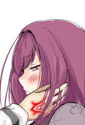 Rule 34 | 1girl, armor, blush, command spell, fate/grand order, fate (series), hand on another&#039;s cheek, heart, heart-shaped pupils, long hair, mogi yasunobu, pauldrons, purple eyes, purple hair, scathach (fate), scathach (fate), shoulder armor, simple background, solo focus, symbol-shaped pupils, white background
