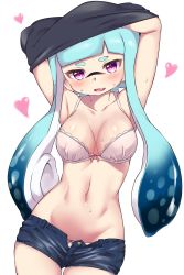 Rule 34 | 1girl, arms up, black shirt, blue hair, blue shorts, blush, bow, bow bra, bow panties, bra, breasts, clothes lift, cowboy shot, cutoffs, denim, denim shorts, fang, groin, heart, highres, inkling, inkling girl, inkling player character, lace, lace-trimmed bra, lace trim, lifting own clothes, long hair, looking at viewer, medium breasts, micro shorts, navel, nintendo, open fly, open mouth, panties, panty peek, penguin maru (penginmaru), purple eyes, shirt, shirt lift, shorts, skin fang, smile, solo, splatoon (series), standing, sweat, tentacle hair, underwear, undressing, white background, white bra