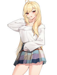 Rule 34 | 1girl, absurdres, ahoge, bare shoulders, blonde hair, commentary, cowboy shot, hand up, highres, jingburger, long hair, long sleeves, looking at viewer, miniskirt, off-shoulder shirt, off shoulder, open mouth, plaid, plaid skirt, pleated skirt, red eyes, shirt, shirt tucked in, skirt, solo, standing, virtual youtuber, waktaverse, white shirt, ziro (zirorong)