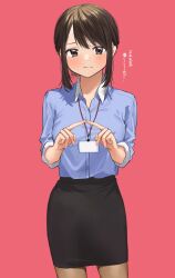 Rule 34 | 1girl, black eyes, black skirt, blue shirt, brown hair, brown pantyhose, chigusa minori, collared shirt, commentary, douki-chan (douki-chan), dress shirt, ganbare douki-chan, highres, id card, index fingers together, looking at viewer, office lady, pantyhose, pink background, shirt, short hair, sidelocks, skirt, solo, translation request