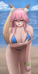 Rule 34 | 1girl, absurdres, animal ear fluff, animal ears, beach, bikini, blue bikini, blush, breasts, collarbone, covering breasts, covering privates, fang, fate/grand order, fate (series), fox ears, fox girl, fox tail, hand on own thigh, highres, large breasts, long hair, looking at viewer, ocean, open mouth, outdoors, pink hair, purasu haven, side-tie bikini bottom, solo, sweat, swimsuit, tail, tamamo (fate), tamamo no mae (fate/extra), tamamo no mae (swimsuit lancer) (fate)