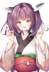Rule 34 | 1girl, :d, ahoge, bad id, bad pixiv id, brown eyes, brown hair, double v, hands up, headgear, japanese clothes, kimono, long fingers, long sleeves, looking at viewer, murano, nail polish, obi, open mouth, pink nails, sash, simple background, smile, solo, touhoku kiritan, twintails, upper body, v, voiceroid, white background, white kimono, wide sleeves