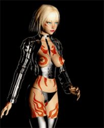 Rule 34 | 1girl, 3d, animated, animated gif, black panties, blue eyes, bodypaint, boots, breasts, breasts apart, choker, corset, covered erect nipples, cropped legs, crotchless, crotchless panties, female focus, jacket, leather, looking to the side, lowres, panties, solo, thighhighs, underwear, walking, webnbot
