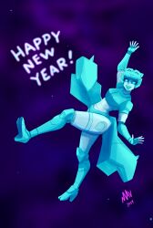 Rule 34 | 1girl, alien, armor, blue eyes, breasts, colored skin, green panties, happy new year, high heels, highres, humanoid robot, lyzack, m-a-v-e-r-i-c-k, medium breasts, new year, panties, robot, smile, solo, thick thighs, thighs, transformers, transformers victory, underwear, white skin