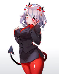 Rule 34 | 1girl, black jacket, black skirt, blazer, blush, breasts, cowboy shot, demon horns, demon tail, gradient background, grey background, hand on own cheek, hand on own face, hand up, head tilt, heart, heart-shaped pupils, helltaker, highres, horns, jacket, large breasts, long sleeves, looking at viewer, maoshuzi, miniskirt, modeus (helltaker), pantyhose, pencil skirt, red eyes, red pantyhose, red sweater, ribbed sweater, short hair, silver hair, skirt, skirt set, solo, standing, sweater, symbol-shaped pupils, tail, thighs, white background