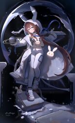 Rule 34 | 1girl, absurdres, amiya (arknights), amiya (guard) (arknights), amiya (guard) (touch the stars) (arknights), animal ears, arknights, blue eyes, brown hair, character name, chinese commentary, closed mouth, coat, commentary request, dated, expressionless, full body, grey coat, grey footwear, grey leggings, grey sports bra, groin, hair between eyes, highres, holding, hood, hood up, hooded coat, leggings, long hair, long sleeves, looking at viewer, midriff, official alternate costume, open clothes, open coat, rabbit ears, rabbit girl, shoes, sneakers, snow, snowflakes, snowing, solo, sports bra, standing, very long hair, w020309449