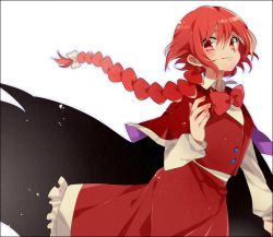 Rule 34 | 1girl, border, bow, braid, cape, capelet, hair bow, hair ornament, long hair, long sleeves, looking at viewer, looking down, okazaki yumemi, ponpoko, red eyes, red hair, shirt, simple background, single braid, skirt, skirt set, smile, solo, touhou, touhou (pc-98), very long hair, vest, white background