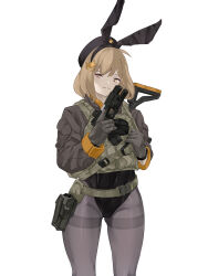 Rule 34 | 1girl, :3, animal ears, anis (nikke), belt, beret, black hat, brown hair, closed mouth, cowboy shot, fake animal ears, gloves, goddess of victory: nikke, grey gloves, grey pantyhose, gun, hair ornament, handgun, hat, highres, holding, holding gun, holding weapon, jacket, mutugorou u, pantyhose, pouch, rabbit ears, short hair, simple background, solo, tactical clothes, thigh pouch, trigger discipline, vest, weapon, weapon on back, white background, yellow eyes