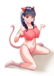 Rule 34 | 1girl, absurdres, animal ears, bikini, black hair, braid, breasts, brown eyes, cat ears, cat girl, cat tail, cielo (cielo000328), collarbone, commentary request, earrings, full body, hair over shoulder, highres, jewelry, large breasts, long hair, looking at viewer, navel, original, paw pose, paw print, pink bikini, pink socks, polka dot, simple background, socks, solo, squatting, swimsuit, tail, twin braids, white background