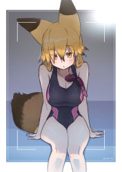 Rule 34 | 1girl, alternate costume, animal ears, black one-piece swimsuit, blush, brown hair, competition swimsuit, ezo red fox (kemono friends), fox ears, fox girl, fox tail, goggles, goggles around neck, hair between eyes, hntk778, kemono friends, long hair, looking at viewer, multicolored hair, one-piece swimsuit, orange eyes, orange hair, sitting, solo, swimsuit, tail