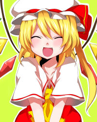 Rule 34 | 1girl, :d, ^ ^, ascot, blonde hair, bow, closed eyes, embodiment of scarlet devil, fang, female focus, flandre scarlet, hat, hat bow, highres, looking at viewer, mob cap, open mouth, short hair, side ponytail, smile, solo, tori no karaage, touhou, v arms, white hat, wings