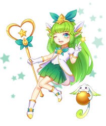 Rule 34 | 1girl, alternate costume, animal ears, blue eyes, boots, gloves, green hair, hair ornament, highres, kezi, league of legends, long hair, looking at viewer, lulu (league of legends), magical girl, one eye closed, pix (league of legends), pointy ears, skirt, solo, staff, star (symbol), star guardian (league of legends), star guardian lulu, yordle
