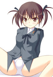 Rule 34 | 00s, 1girl, alternate hairstyle, brown eyes, brown hair, gertrud barkhorn, panties, safi, short hair, solo, spread legs, strike witches, twintails, underwear, world witches series