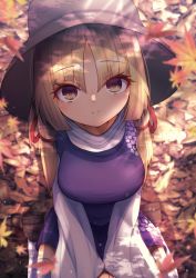 Rule 34 | 1girl, blonde hair, blurry, blurry background, blurry foreground, breasts, brown headwear, closed mouth, darumoon, from above, highres, large breasts, leaf, long sleeves, looking at viewer, maple leaf, medium hair, moriya suwako, outdoors, own hands together, parted bangs, purple vest, seiza, shirt, sidelocks, sitting, smile, solo, thighhighs, touhou, v arms, vest, white shirt, white thighhighs, wide sleeves, yellow eyes
