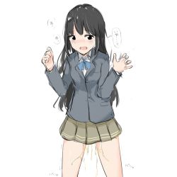 Rule 34 | 1girl, black eyes, black hair, black jacket, blue bow, blue bowtie, blush, bow, bowtie, breasts, clenched hand, cowboy shot, embarrassed, female focus, green skirt, hands up, jacket, japanese text, long hair, long sleeves, miniskirt, nose blush, open mouth, original, peeing, peeing self, pleated skirt, school uniform, shirt, simple background, sketch, skirt, small breasts, solo, speech bubble, standing, talking, tears, translation request, white background, white shirt, zagashira