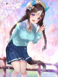 Rule 34 | 1girl, absurdres, animal ears, arm behind back, blue skirt, blue sweater, braid, brown hair, casual, cherry blossoms, collared shirt, commentary, day, ear covers, fence, hat, highres, hokko tarumae (umamusume), horse ears, horse girl, leaning forward, long hair, looking at viewer, low twin braids, low twintails, miniskirt, neck ribbon, open mouth, outdoors, peteron, pleated skirt, purple eyes, red ribbon, ribbon, sailor hat, shirt, single horizontal stripe, skirt, smile, solo, standing, sunlight, sweater, tail, tree, twin braids, twintails, twitter username, umamusume, waving, white hair, white hat, white shirt, wind, wing collar, wooden fence