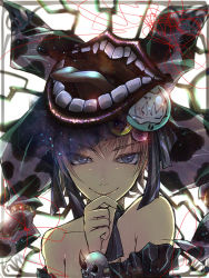 Rule 34 | 1girl, bad id, bad pixiv id, bare shoulders, blue eyes, bracelet, brown hair, closed mouth, extra mouth, gem, green nails, hat, jewelry, nai kitsu, nail polish, ribbon, simple background, smile, smirk, solo, teeth, tongue, upper body, white background
