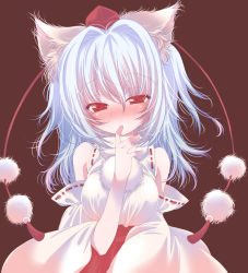 Rule 34 | 1girl, animal ears, bare shoulders, blue hair, blush, breasts, brown background, detached sleeves, female focus, finger to mouth, hat, inubashiri momiji, large breasts, looking at viewer, red eyes, saidou, solo, tokin hat, touhou, wolf ears