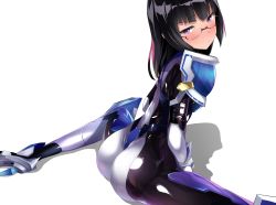 Rule 34 | 1girl, armor, ass, black bodysuit, black hair, blush, bodysuit, borrowed character, closed mouth, from behind, glasses, high heels, highres, long hair, looking at viewer, looking back, multicolored bodysuit, multicolored clothes, original, pauldrons, purple eyes, semi-rimless eyewear, shimejinameko, shiny clothes, shoulder armor, simple background, sitting, skin tight, solo, spread legs, white background, white bodysuit