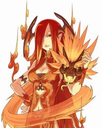 Rule 34 | 1girl, arm strap, bat wings, breasts, cleavage, clothing cutout, empress of flame, fire, hand on own hip, head wings, long hair, looking at viewer, medium breasts, navel cutout, official art, ootsuka shin&#039;ichirou, pointy ears, red eyes, red hair, scowl, simple background, solo, summon night, summon night x, white background, wings