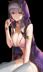 Rule 34 | 1girl, backlighting, bikini, black background, blush, breasts, candy, chocolate, chocolate heart, chocolate heaven (fate/grand order), cleavage, earrings, fate/grand order, fate (series), faton, food, hair between eyes, hair ribbon, heart, highres, hood, horned hood, horns, jewelry, kama (chocolate heaven) (fate), kama (fate), large breasts, long hair, looking at viewer, necklace, pink bikini, ribbon, silver hair, simple background, sitting, solo, star (sky), swimsuit, thighhighs, thighs, white thighhighs