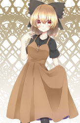 Rule 34 | 1girl, abe suke, adapted costume, black bow, black pantyhose, blonde hair, blush, bow, brown dress, brown eyes, closed mouth, commentary request, cross, cross necklace, dress, hair between eyes, hair bow, highres, jewelry, kurodani yamame, looking at viewer, necklace, pantyhose, ring, short hair, short sleeves, skirt hold, smile, solo, touhou