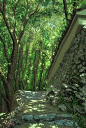 Rule 34 | dappled sunlight, day, kyoto, landscape, no humans, original, outdoors, path, road, scenery, signature, stairs, sunlight, suupii, tree, wall